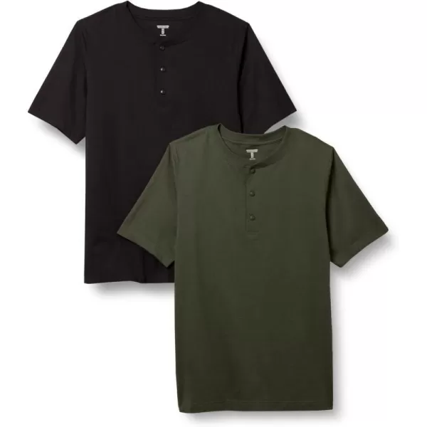 Amazon Essentials Mens RegularFit ShortSleeve Jersey Henley Pack of 2BlackDark Olive