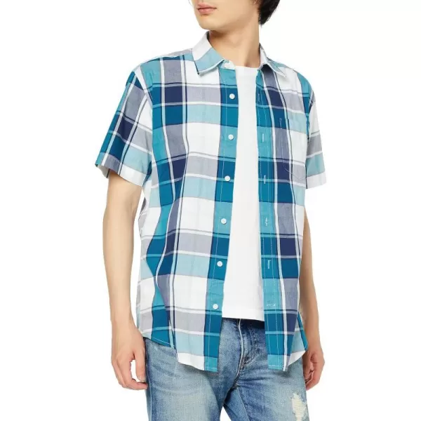 Amazon Essentials Mens RegularFit ShortSleeve Poplin ShirtRegular Fit Teal Blue White Large Plaid