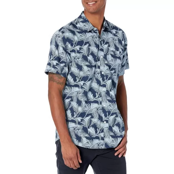 Amazon Essentials Mens RegularFit ShortSleeve Print ShirtAqua Blue Navy Palm Leaf