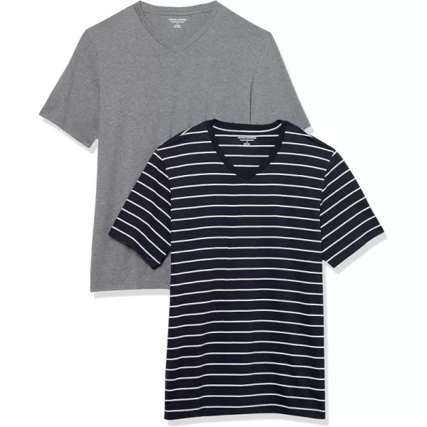 Amazon Essentials Mens RegularFit ShortSleeve VNeck TShirt Available in Big amp Tall Pack of 2Grey HeatherNavy Stripe