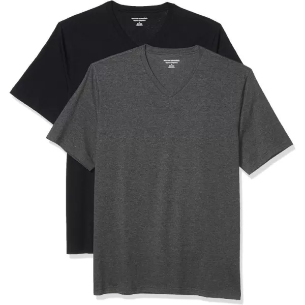 Amazon Essentials Mens RegularFit ShortSleeve VNeck TShirt Pack of 2BlackCharcoal Heather