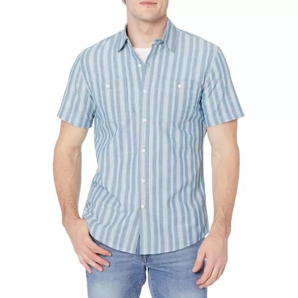 Amazon Essentials Mens ShortSleeve Chambray ShirtBlue Vertical Stripe