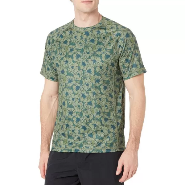 Amazon Essentials Mens ShortSleeve QuickDry UPF 50 Swim TeeOlive Hibiscus Flower