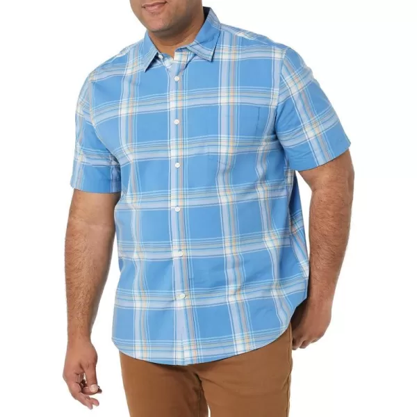 Amazon Essentials Mens ShortSleeve Stretch Poplin Shirt Available in Big amp TallBlue Peach Plaid