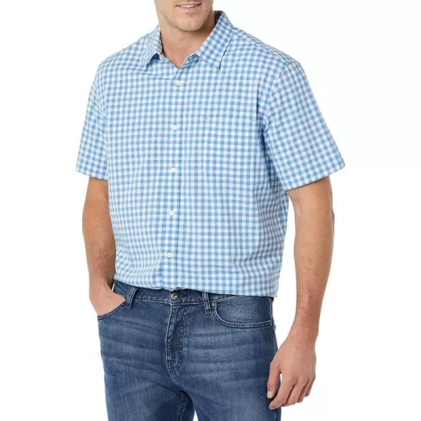 Amazon Essentials Mens ShortSleeve Stretch Poplin Shirt Available in Big amp TallLight Blue White Gingham