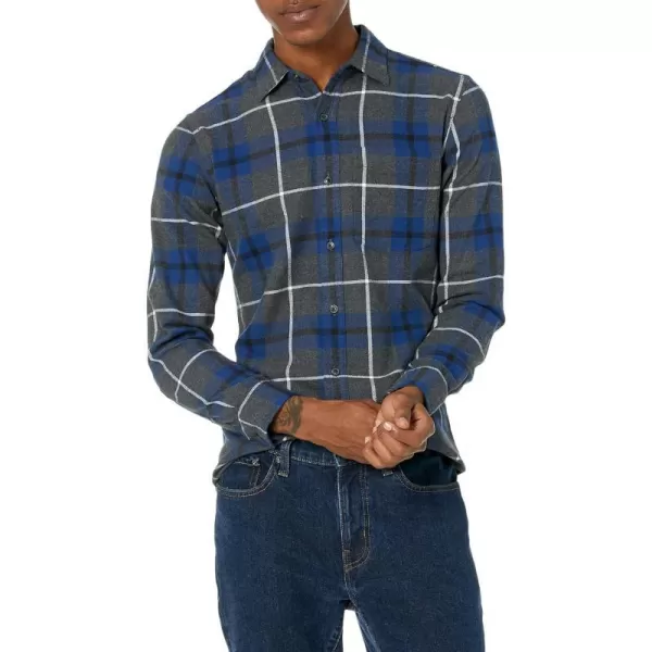 Amazon Essentials Mens SlimFit LongSleeve Flannel ShirtBlue Charcoal Heather Plaid