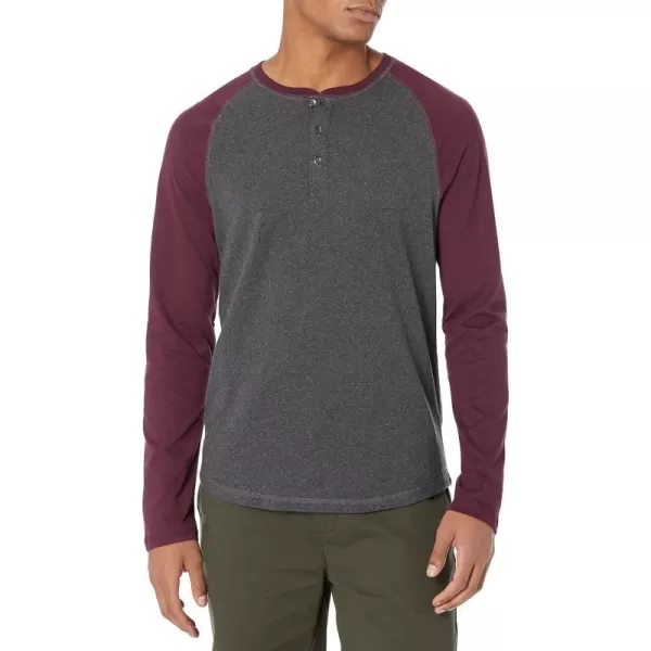 Amazon Essentials Mens SlimFit LongSleeve Henley ShirtCharcoal HeatherBurgundy