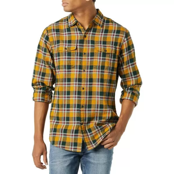 Amazon Essentials Mens SlimFit LongSleeve TwoPocket Flannel ShirtMustard Yellow Navy Plaid