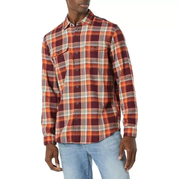 Amazon Essentials Mens SlimFit LongSleeve TwoPocket Flannel ShirtOrangeBurgundy Plaid