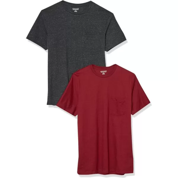 Amazon Essentials Mens SlimFit ShortSleeve Crewneck Pocket TShirt Pack of 2Charcoal HeatherBurgundy Pocket