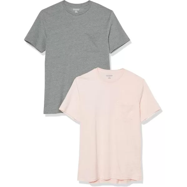 Amazon Essentials Mens SlimFit ShortSleeve Crewneck Pocket TShirt Pack of 2Grey HeatherPale Pink Pocket