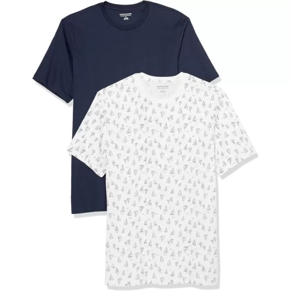 Amazon Essentials Mens SlimFit ShortSleeve Crewneck Pocket TShirt Pack of 2NavyBoat Print