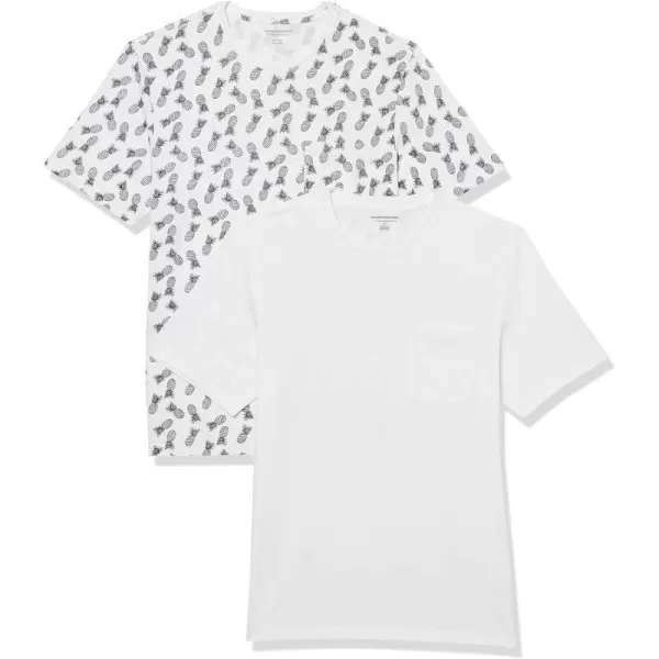 Amazon Essentials Mens SlimFit ShortSleeve Crewneck Pocket TShirt Pack of 2WhitePineapple Print Pocket