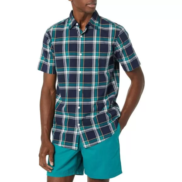 Amazon Essentials Mens SlimFit ShortSleeve Poplin ShirtNavy Green Plaid