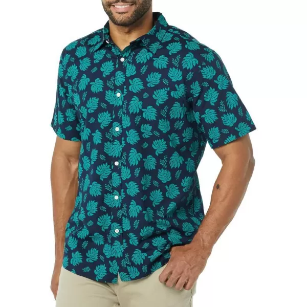 Amazon Essentials Mens SlimFit ShortSleeve Poplin ShirtNavy Teal Blue Palm Tree