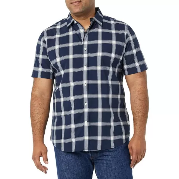 Amazon Essentials Mens SlimFit ShortSleeve Poplin ShirtNavy White Buffalo Plaid