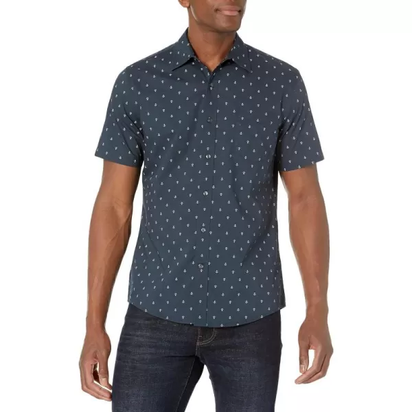 Amazon Essentials Mens SlimFit ShortSleeve Print ShirtNavy Anchor Print