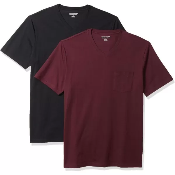 Amazon Essentials Mens SlimFit ShortSleeve VNeck Pocket TShirt Pack of 2BurgundyBlack