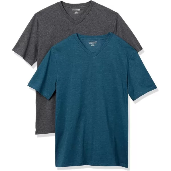 Amazon Essentials Mens SlimFit ShortSleeve VNeck TShirt Pack of 2Teal BlueCharcoal Heather