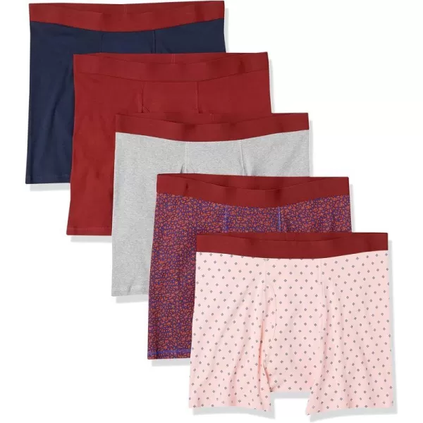 Amazon Essentials Mens TagFree Boxer Briefs Pack of 5Dark RedGreyLight PinkNavyFlowers