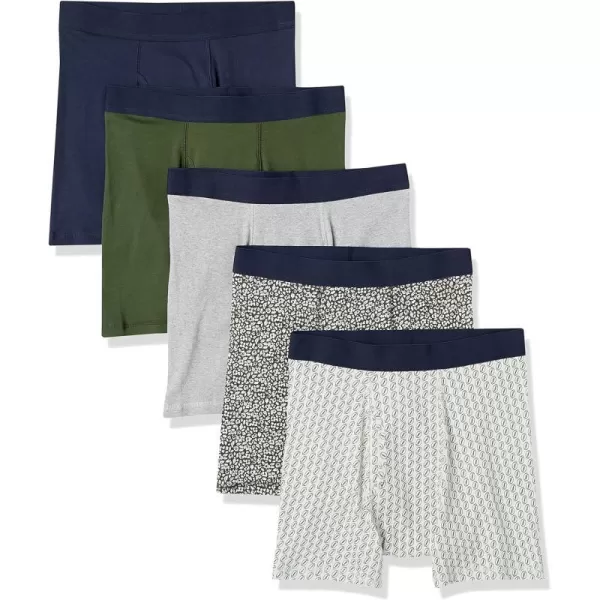 Amazon Essentials Mens TagFree Boxer Briefs Pack of 5GreenGreyNavyFloralRugby Print