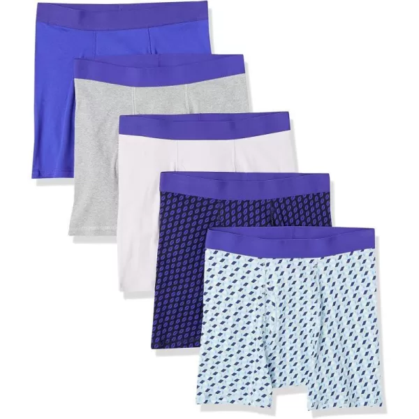 Amazon Essentials Mens TagFree Boxer Briefs Pack of 5GreyRoyal BlueWhiteMixed PrintRugby Print