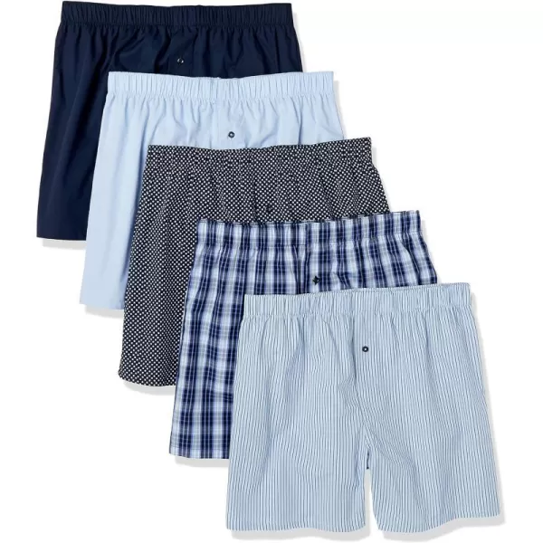 Amazon Essentials Mens Woven Cotton Boxer Short Available in Big ampTall Pack of 5BlackBlue StripeDark Blue PlaidNavySky Blue