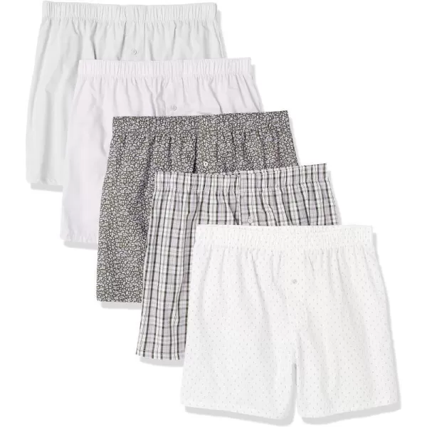 Amazon Essentials Mens Woven Cotton Boxer Short Available in Big ampTall Pack of 5Bright WhiteOlive Ditsy FloraWhitePlaid