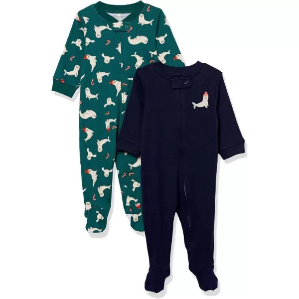 Amazon Essentials Toddlers and Baby Girls SnugFit Cotton Footed Sleeper Pajamas Multipacks1 Green SealNavy