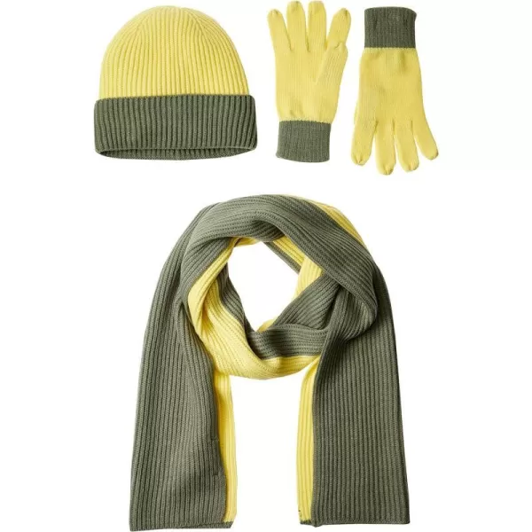 Amazon Essentials Unisex Adults Knit Hat Scarf and Gloves Set Multipacks3 Light Military GreenLight Yellow