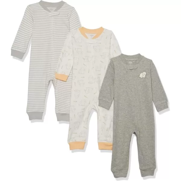 Amazon Essentials Unisex Babies Cotton Footless ZipFront Sleep and Play Pack of 3Grey Bunny