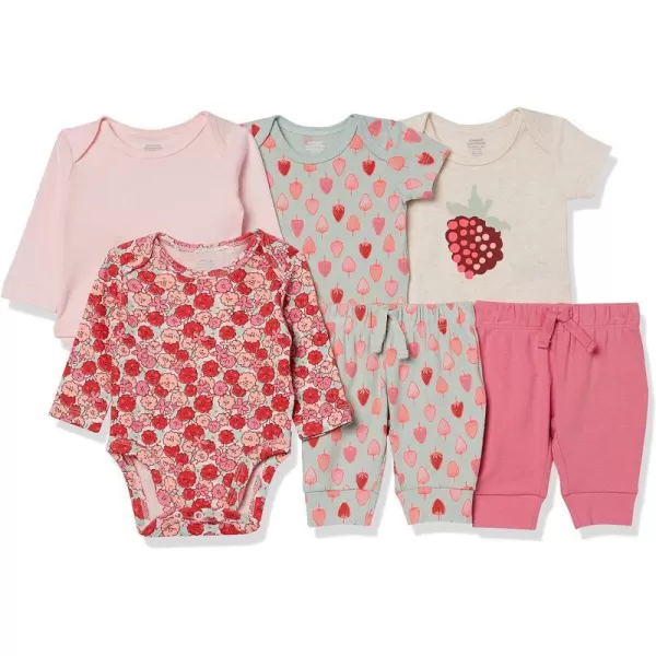 Amazon Essentials Unisex Babies Cotton Layette Outfit Sets Pack of 6BeigeDark RoseGreen StrawberryGrey FlowersPink