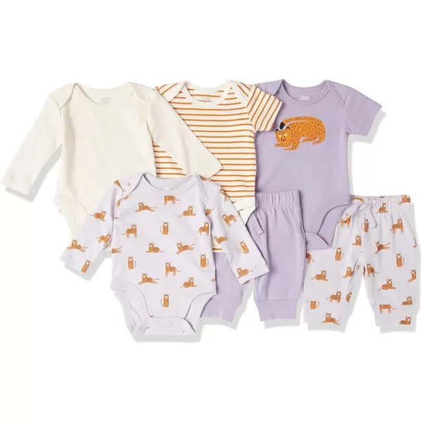 Amazon Essentials Unisex Babies Cotton Layette Outfit Sets Pack of 6BeigeLilac Big CatsCheetahStripe