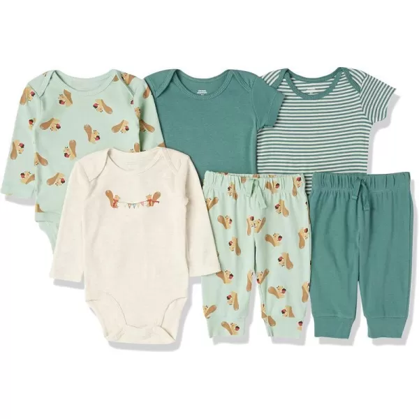 Amazon Essentials Unisex Babies Cotton Layette Outfit Sets Pack of 6Dark GreenGreen StripeIvoryMint Green Squirrel