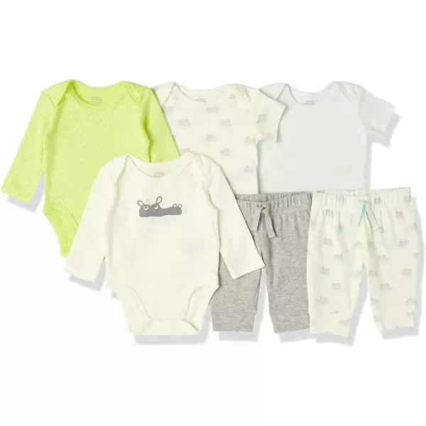 Amazon Essentials Unisex Babies Cotton Layette Outfit Sets Pack of 6Grey HeatherLime Green DotsOffwhiteWhiteHippo