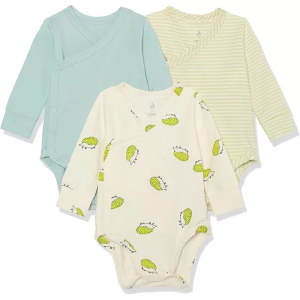 Amazon Essentials Unisex Babies Cotton LongSleeve Side Snap Bodysuit Previously Amazon Aware Pack of 3Beige HedgehogsLight Olive StripePale Blue