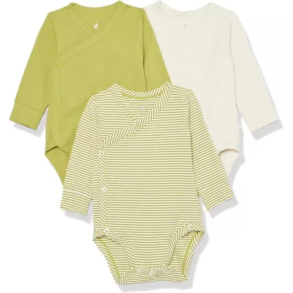 Amazon Essentials Unisex Babies Cotton LongSleeve Side Snap Bodysuit Previously Amazon Aware Pack of 3Beige StripeGreenIvory