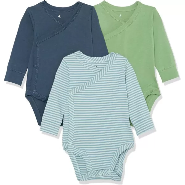 Amazon Essentials Unisex Babies Cotton LongSleeve Side Snap Bodysuit Previously Amazon Aware Pack of 3Dark NavyDusty Blue StripeGreen