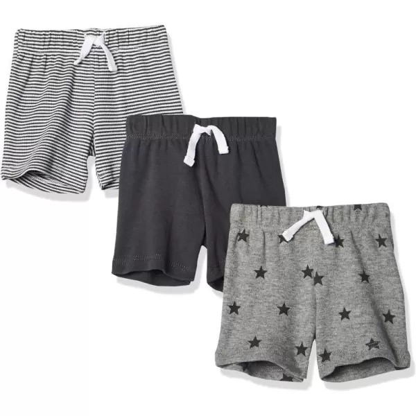 Amazon Essentials Unisex Babies Cotton PullOn Shorts Multipacks3 BlackGrey Heather StarsWhite Stripe