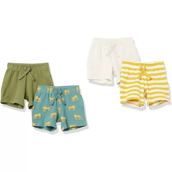 Amazon Essentials Unisex Babies Cotton PullOn Shorts Multipacks4 EcruOliveWashed Teal Green Big CatsYellow Stripe