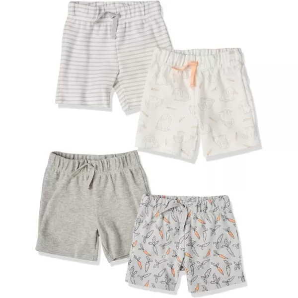 Amazon Essentials Unisex Babies Cotton PullOn Shorts Multipacks4 Grey HeatherLight Grey StripeCarrotsRabbit