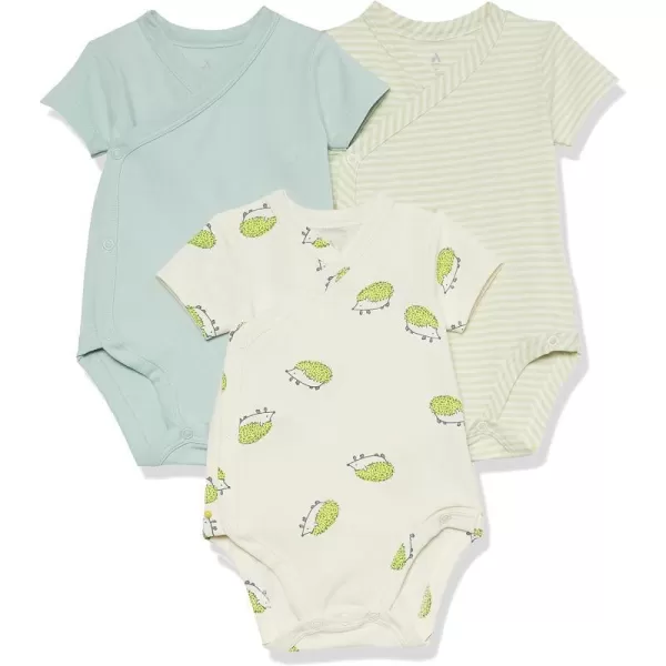 Amazon Essentials Unisex Babies Cotton ShortSleeve Side Snap Bodysuit Previously Amazon Aware Pack of 3Beige HedgehogsLight Olive StripePale Blue