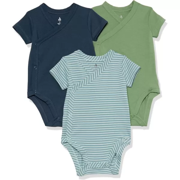 Amazon Essentials Unisex Babies Cotton ShortSleeve Side Snap Bodysuit Previously Amazon Aware Pack of 3Dark NavyDusty Blue StripeGreen