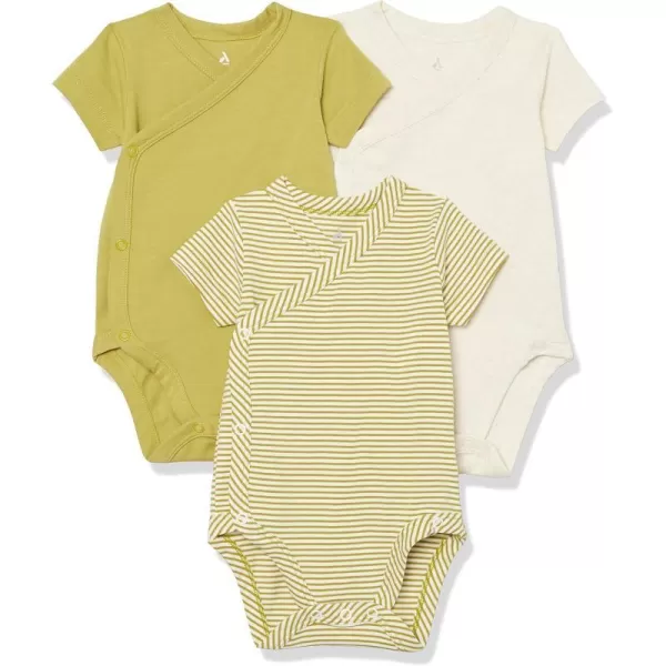 Amazon Essentials Unisex Babies Cotton ShortSleeve Side Snap Bodysuit Previously Amazon Aware Pack of 3IvoryMustard YellowWhite Stripe