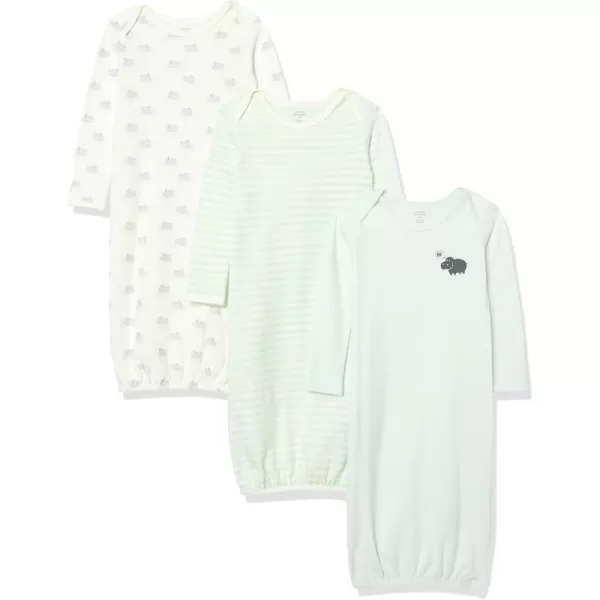 Amazon Essentials Unisex Babies Cotton Sleeper Gowns Pack of 3CreamPale Mint GreenSeafoam Green HippoStripe