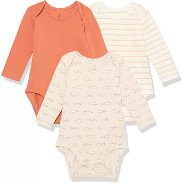 Amazon Essentials Unisex Babies Cotton Stretch Jersey Long Sleeve Bodysuit Previously Amazon Aware Pack of 3Beige MouseLight OrangePink Stripe