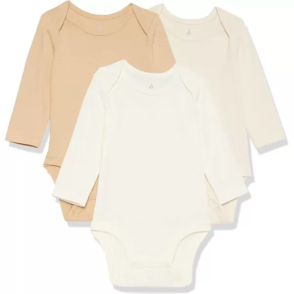 Amazon Essentials Unisex Babies Cotton Stretch Jersey Long Sleeve Bodysuit Previously Amazon Aware Pack of 3Light BeigeLight TanWhite