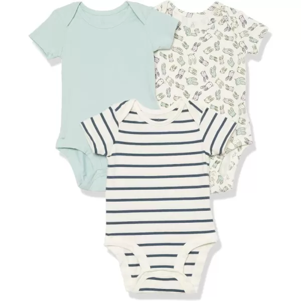 Amazon Essentials Unisex Babies Cotton Stretch Jersey Short Sleeve Bodysuit Previously Amazon Aware Pack of 3Beige BunnyDusty BlueNavy Stripe