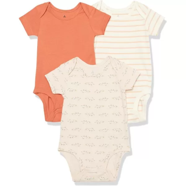 Amazon Essentials Unisex Babies Cotton Stretch Jersey Short Sleeve Bodysuit Previously Amazon Aware Pack of 3Beige MouseLight OrangePink Stripe