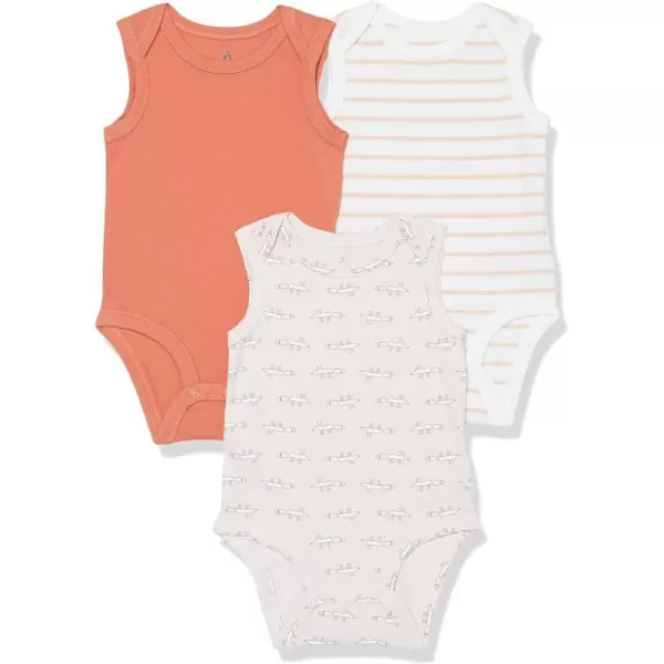 Amazon Essentials Unisex Babies Cotton Stretch Jersey Sleeveless Bodysuit Previously Amazon Aware Pack of 3Beige MouseLight OrangePink Stripe